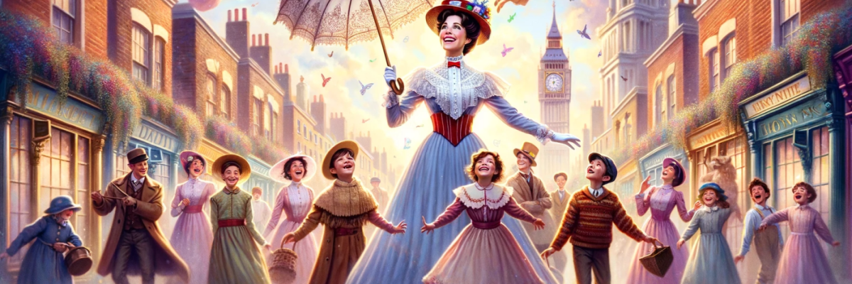 DALLE 2023 12 28 10.55.03 A magical landscape oriented scene inspired by Mary Poppins depicting an early 20th century vibrant London street. Central to the image a charact