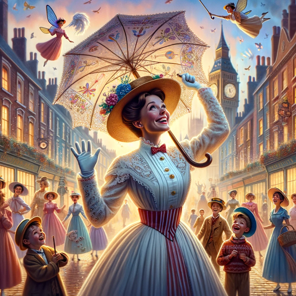 DALLE 2023 12 28 10.54.06 A magical scene inspired by Mary Poppins set in an early 20th century vibrant London street. In the foreground a character similar to a joyful el